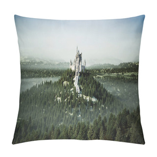 Personality  Old Fairytale Castle On The Hill. Aerial View. 3d Rendering. Pillow Covers