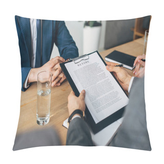 Personality  Cropped View Of Recruiter Holding Clipboard With Resume Near Colleagues And Employee  Pillow Covers