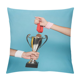 Personality  Cropped View Of Man Holding Golden Cup Near Woman With Medal On Blue Pillow Covers