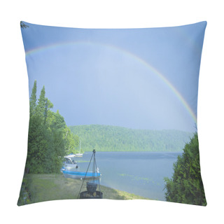 Personality  Double Rainbow On A Lake With Beach And Campfire Pillow Covers