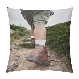 Personality  Tranquil Nature, Cropped View Of Hiker Walking In Brown Boots With White Socks, Adventure, Traveler Pillow Covers