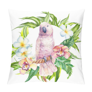 Personality  Cockatoo Parrot, Tropical Palm Leaves And Orchids Flowers Hand-painted Watercolor, Poster Pillow Covers