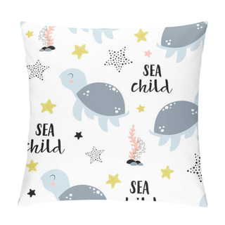 Personality  Seamless Pattern With Cute Turtle, Corals, Starfishes And Lettering Sea Child In Scandinavian Style On White Background, Cute Baby Animals Pillow Covers