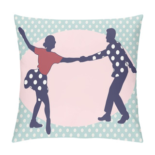 Personality  Couple Dancing Jazz Swing Isolated On Polka Dots Background. Horizontal Template Copy Space.Vintage Vector Style 1950s.Realistic,stylistic Characters.Rockabilly,charleston, Lindy Hop Or Boogie Woogie. Pillow Covers