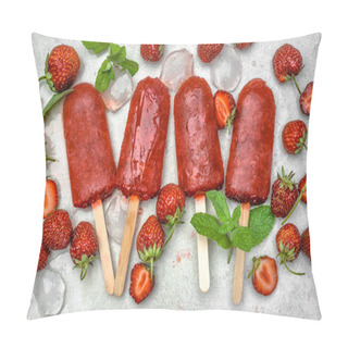 Personality  Homemade Popsicles With Fruits. Strawberry Ice Lollies On Sticks, Top View, Flat Lay Pillow Covers