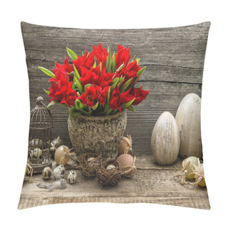 Personality  Easter Eggs And Red Tulips Pillow Covers