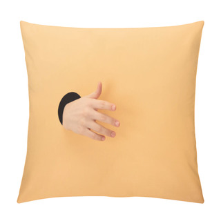Personality  Cropped View Of Hole With Hand Of Woman Gesturing On Orange  Pillow Covers
