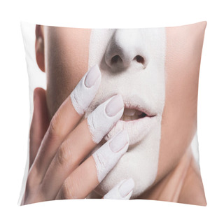 Personality  Cropped Image Of Woman With White Paint On Face And Fingers Touching Lips Isolated On White Pillow Covers
