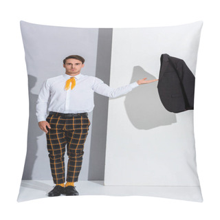 Personality  Handsome Man In Checkered Trousers Standing And Gesturing On White And Grey  Pillow Covers