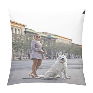 Personality  Woman Walking Her Dog In The Street Pillow Covers