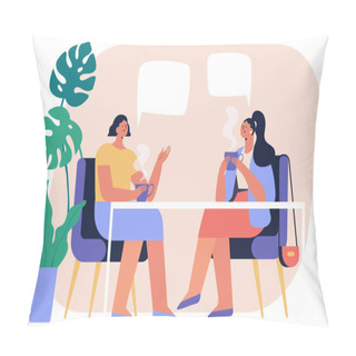 Personality  Two Young Women Drinking Tea Or Coffee And Talking  In A Cafe. Friendship, Communication. Flat Vector Illustration Pillow Covers