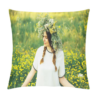 Personality  Beautiful Girl In Wreath Of Flowers  In Meadow On Sunny Day. Portrait Of Young Beautiful Woman Wearing A Wreath Of Wild Flowers. Young Pagan Slavic Girl Conduct Ceremony On Midsummer. Pillow Covers