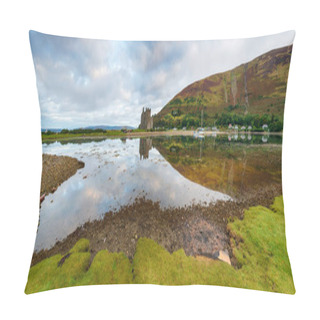 Personality  A Panoramic View Of The 13th Century Castle At Lochranza At High Tide On The Isle Of Arran In Scotland Pillow Covers