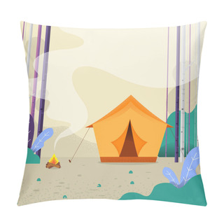 Personality  Vector Illustrator. Style Background With Mountains, Forest, Camp Fire And Tourist Tent. Holiday Pillow Covers