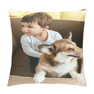 Personality  Little Child Playing With Welsh Corgi Dog In Cardboard Box Pillow Covers