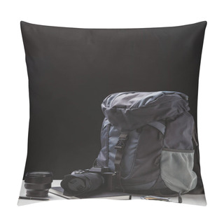 Personality  Backpack, Photo Camera With Lens, Notebook And Trekking Equipment On Black Pillow Covers