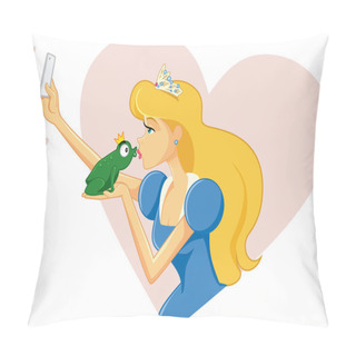 Personality  Princess Taking Selfie And Kissing Frog Vector Pillow Covers