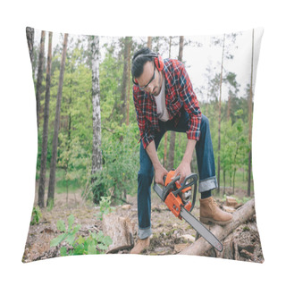 Personality  Lumberjack In Plaid Shirt And Denim Jeans Cutting Log With Chainsaw In Forest Pillow Covers