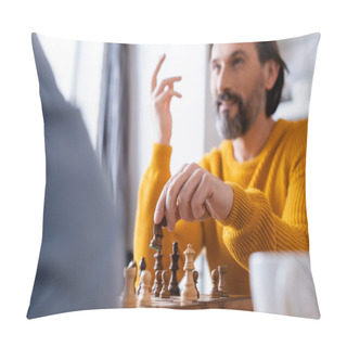 Personality  Selective Focus Of Bearded Man Gesturing While Playing Chess On Blurred Foreground Pillow Covers
