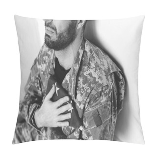 Personality  Cropped View Of Depressed Military Man Sitting By White Wall And Holding Usa Military Man Near Heart Pillow Covers