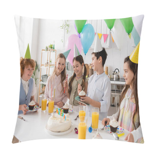 Personality  Group Of Joyful Kids In Party Caps Having Fun During Birthday Party Next To Colorful Balloons  Pillow Covers