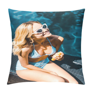 Personality  Attractive Smiling Woman In Swimsuit Applying Sunscreen At Poolside Pillow Covers