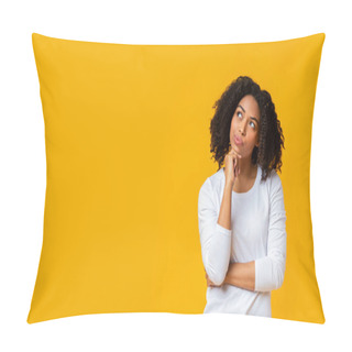 Personality  Doubtful Afro Girl Thinking About Something Over Yellow Background Pillow Covers