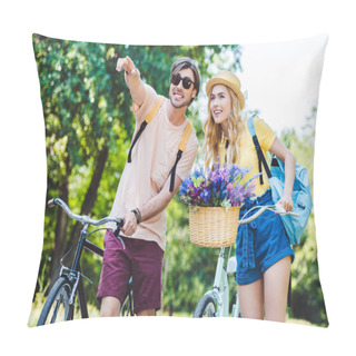 Personality  Portrait Of Young Couple With Backpacks And Bicycles In Park Pillow Covers