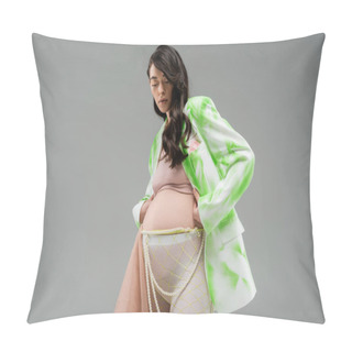 Personality  Low Angle View Of Brunette Mother-to-be In Green And White Blazer, Crop Top, Leggings With Beige Chiffon Cloth And Beads Belt Isolated On Grey Background, Trendy Pregnancy Concept, Expectation Pillow Covers