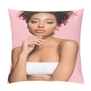 Personality  Portrait Of Beautiful African American Girl With Clean Face, Isolated On Pink Pillow Covers