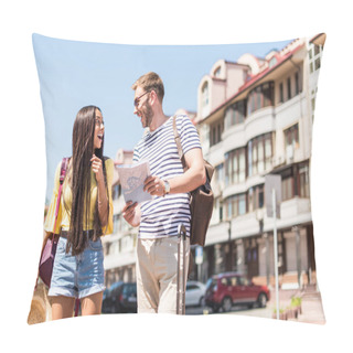 Personality  Multiethnic Couple Of Tourists With Map Pillow Covers