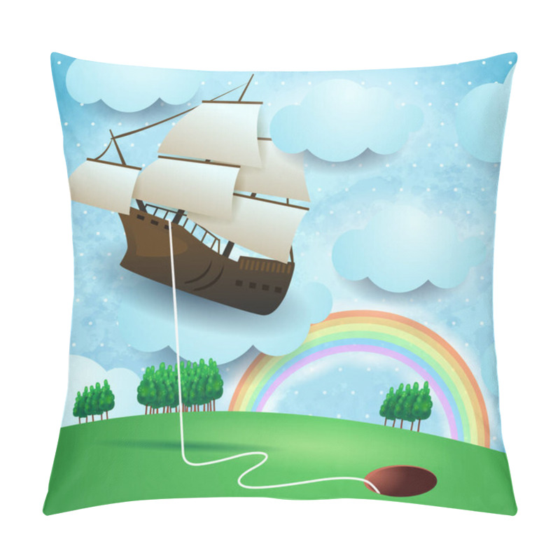 Personality  Flying vessel hanging at the hole on country landscape, vector illustration eps10 pillow covers