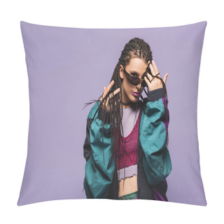 Personality  Young Woman With Braids Hairstyle And Retro Clothes Looking At Camera Isolated On Purple  Pillow Covers