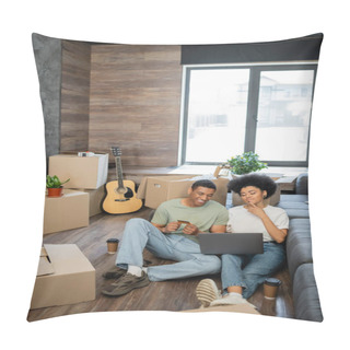 Personality  Positive African American Couple Doing Online Shopping Near Coffee And Boxes In New House Pillow Covers