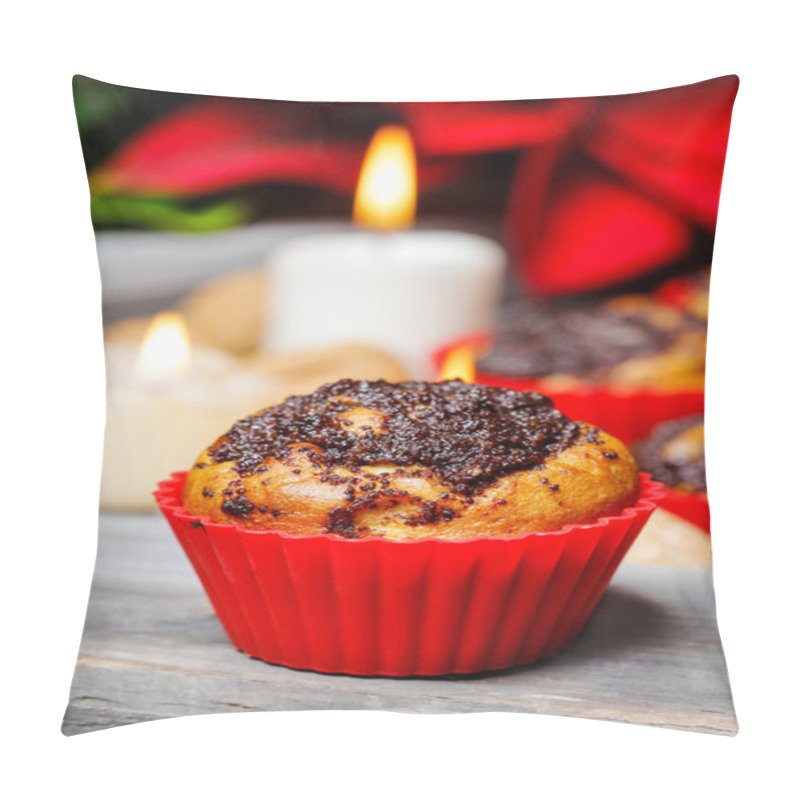 Personality  Poppy-seed muffins in christmas table setting. White candle pillow covers