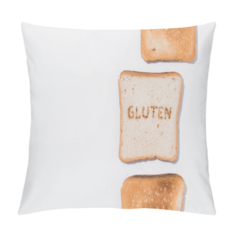 Personality  Top View Of Row Of Toasts And Slice Of Bread With Burned Gluten Sign On White Surface Pillow Covers