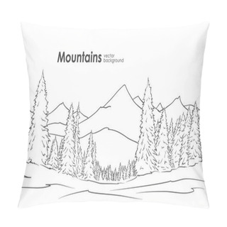 Personality  Hand Drawn Mountains Sketch Background With Pine Forest On Foreground. Line Design Pillow Covers