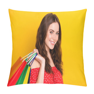 Personality  Profile Portrait Of Satisfied Person Hand Hold Bags Look Camera Toothy Smile Isolated On Yellow Color Background Pillow Covers