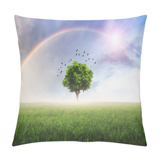 Personality  Rainbow After The Rain, The Skies Over The Beautiful Green Meadow, With Lonely Tree. Pillow Covers
