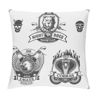 Personality  Set Of Moto Club Emblems, Labels And Design Elements. Emblems With Bulldog, Eagle And Cobra. Pillow Covers