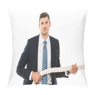 Personality  Tense Businessman Pulling Rope And Looking At Camera Isolated On White Pillow Covers