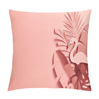 Personality  Top View Of Paper Cut Palm Leaves And Decorative Flamingo On Pink Background With Copy Space Pillow Covers
