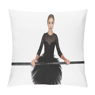 Personality  Elegant Ballerina In Tutu Skirt Standing Near Barre On White Background Pillow Covers