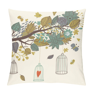 Personality  Romantic Floral Background With Cartoon Birds. Branch With Autumn Leaves Pillow Covers