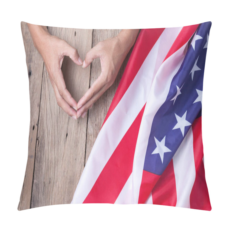 Personality  Gesture made by hands showing symbol of heart with american flag pillow covers