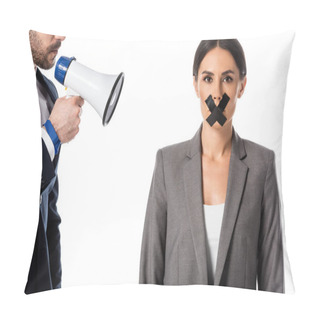 Personality  Bearded Businessman Holding Megaphone Near Businesswoman With Duct Tape On Mouth Isolated On White, Gender Inequality Concept  Pillow Covers