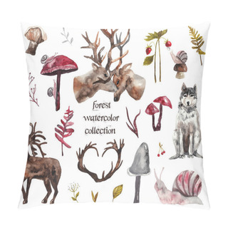 Personality  Watercolor Forest Collection. Plants, Flowers And Mushrooms, Deer, Wolf, Snails. Watercolor Illustration On White Isolated Background Pillow Covers