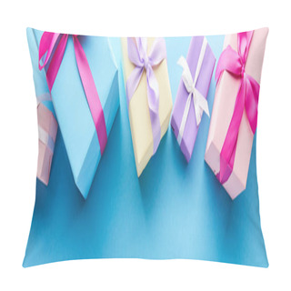 Personality  Top View Of Colorful Gift Boxes On Blue Background, Panoramic Shot Pillow Covers