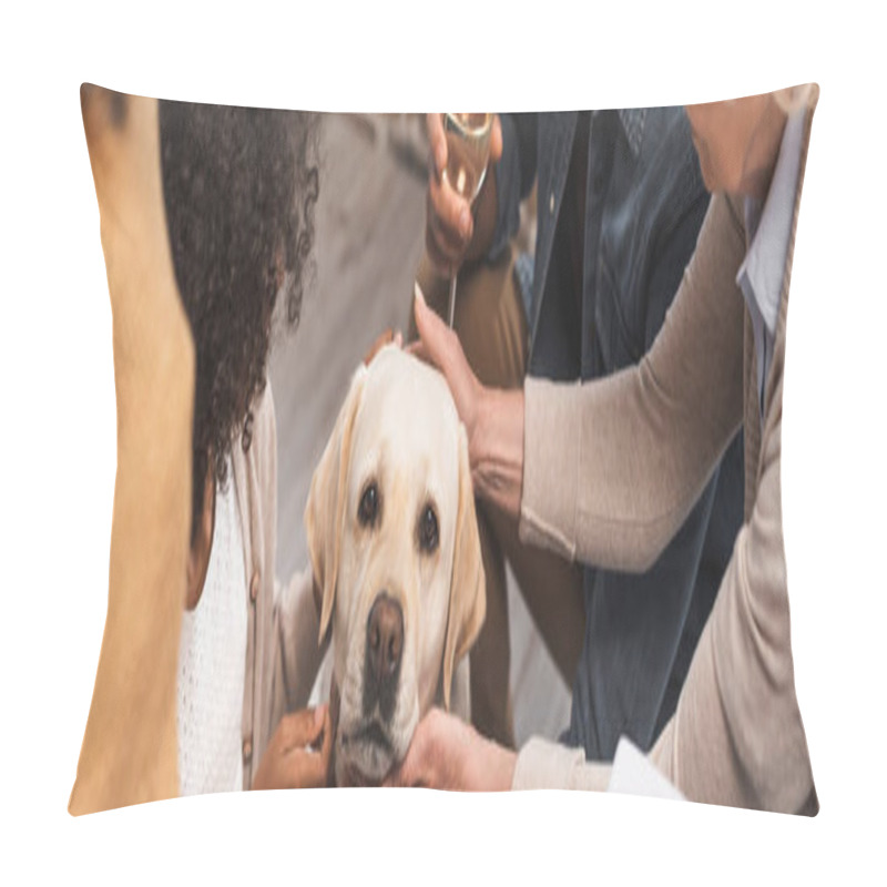Personality  cropped view of multicultural family stroking golden retriever during celebration of thanksgiving day, horizontal image pillow covers