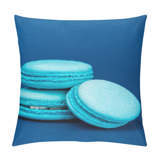 Personality  Tasty French Macaroons On Blue Background With Copy Space  Pillow Covers